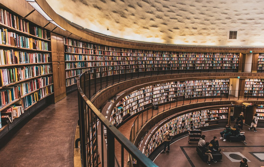 Rows of bookshelves in a large library